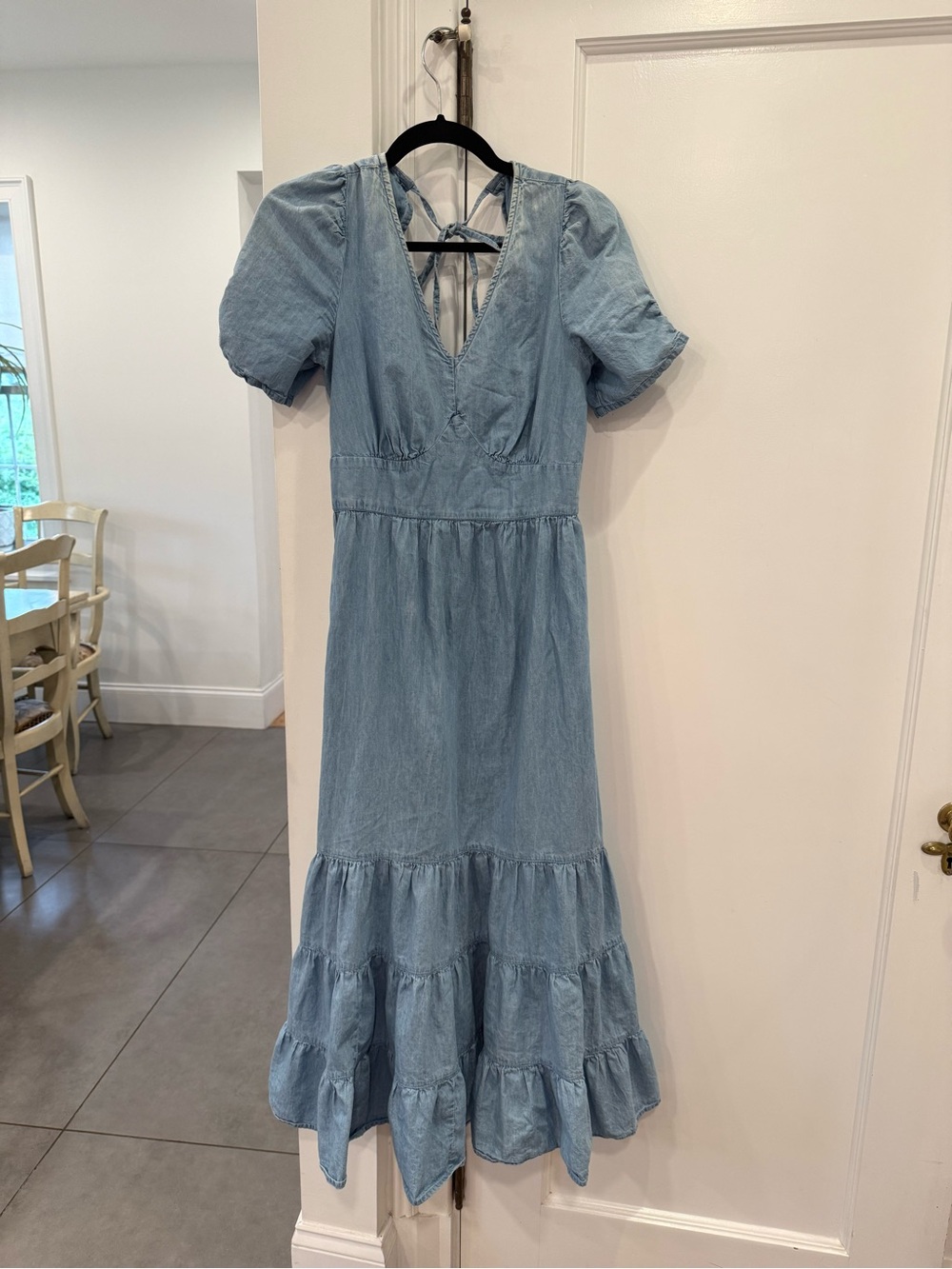 Light Wash Denim Chambery Tiered Midi Dress - Size S - 100% Cotton